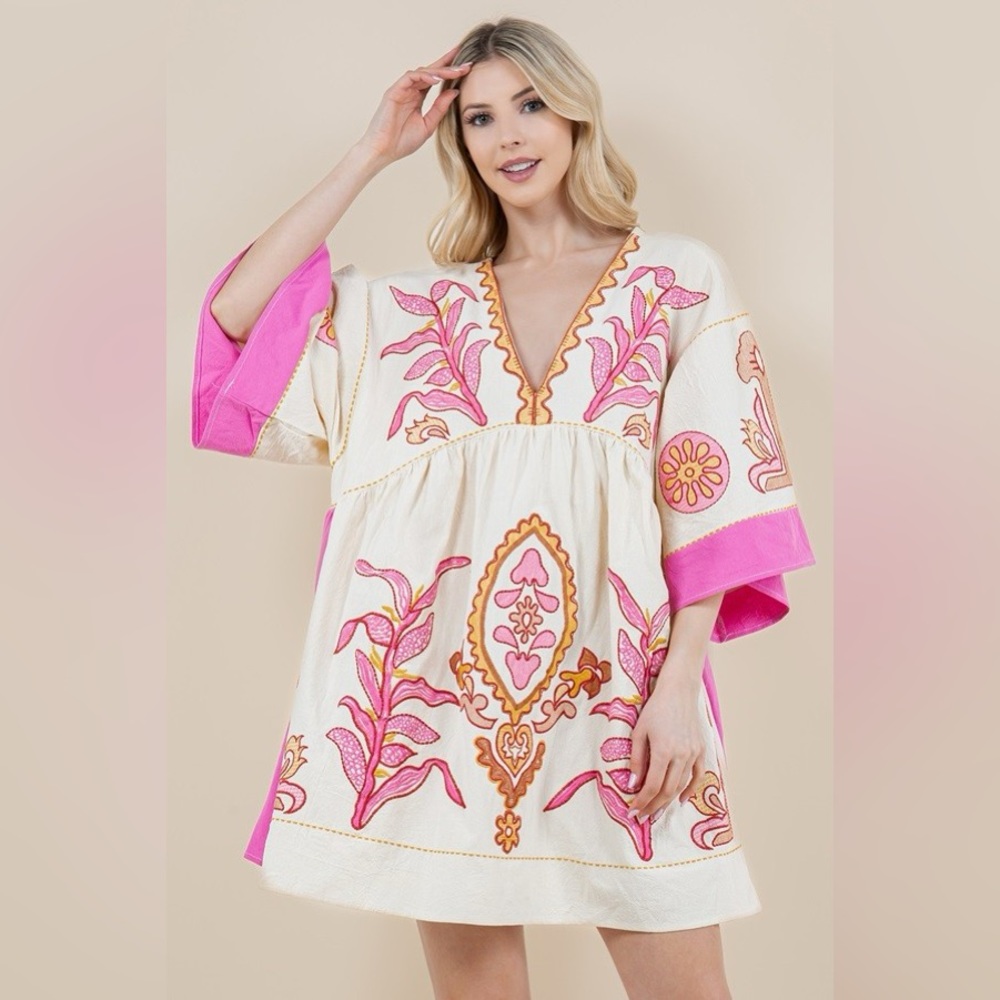 Neon Pink Long Sleeve V Neck Floral boho bohemian Embroidered Dress - Picture 10 of 13